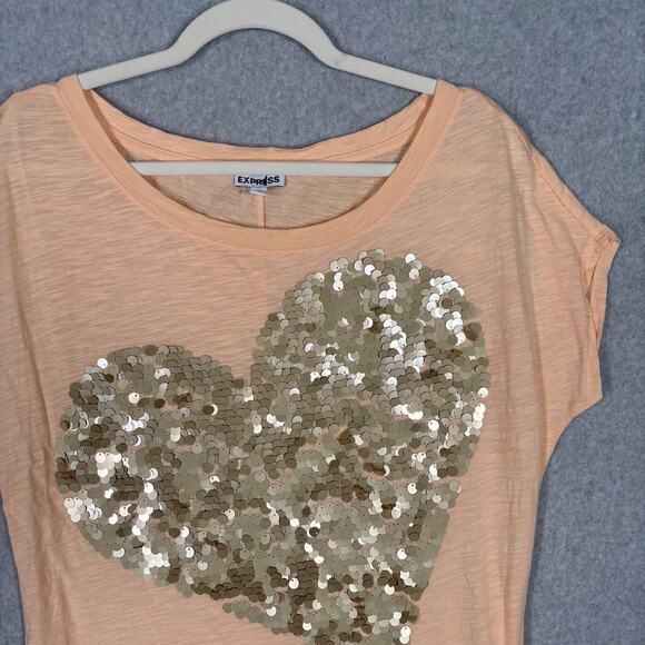 Express Shirt Small Peach Gold Sequin One Shoulder Loose 80s Modal Soft Girl - Picture 2 of 8